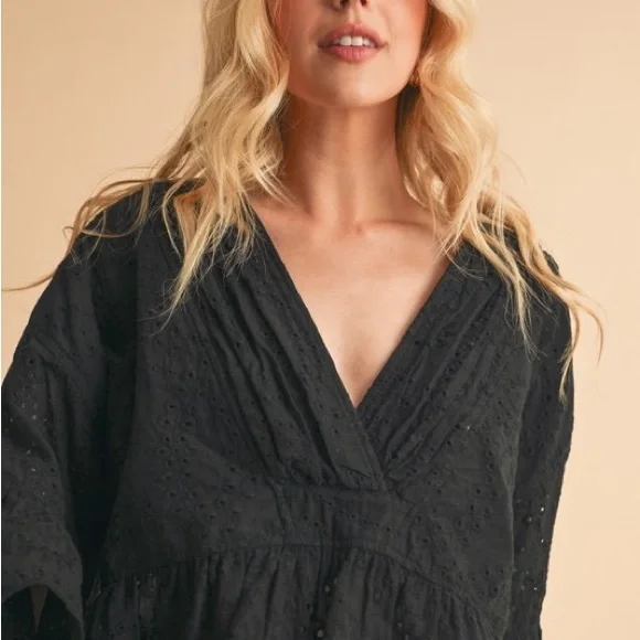 Black Ruffled Wrap Blouse with 3/4 Sleeves - Picture 5 of 9